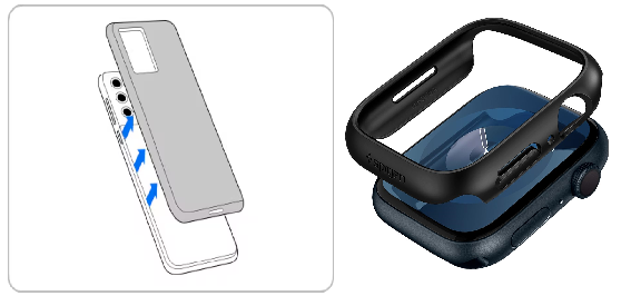 Heat Management: Remove Device Case While Charging – UpgradeByUs An UpgradeByUs instructional diagram showing a smartphone and a smartwatch with their protective cases being removed to allow for cooling during a charge