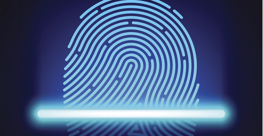 A glowing blue digital fingerprint scan representing biometric security and authentication on an Android device android-biometric-fingerprint-authentication-security