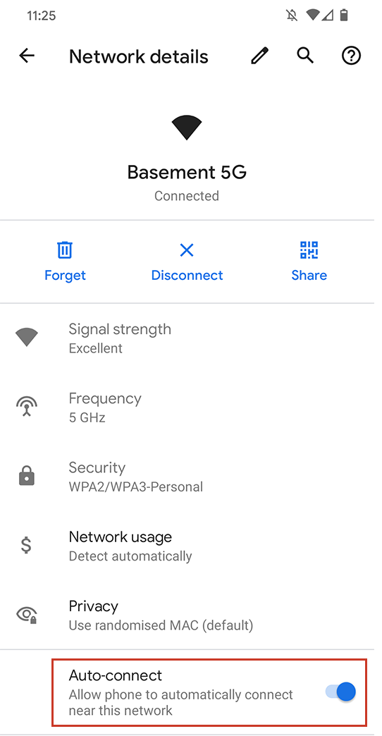 Android Network Security – Disable Auto-connect Android Network details screen for 'Basement 5G' with a red box highlighting the Auto-connect toggle