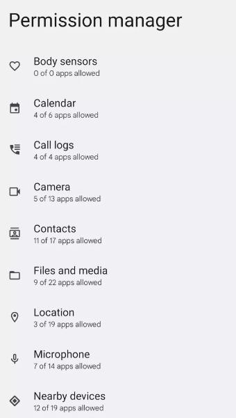 Manage Android App Permissions – UpgradeByUs Android Permission Manager screen showing app access categories for Body sensors, Calendar, Camera, and Location