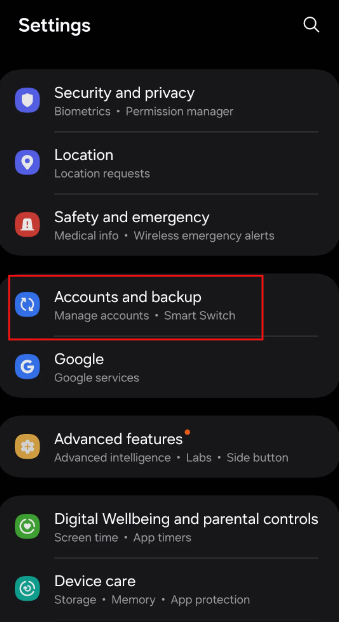 Android Data Backup and Recovery – UpgradeByUs Android system settings screen with a red box highlighting the 'Accounts and backup' menu option