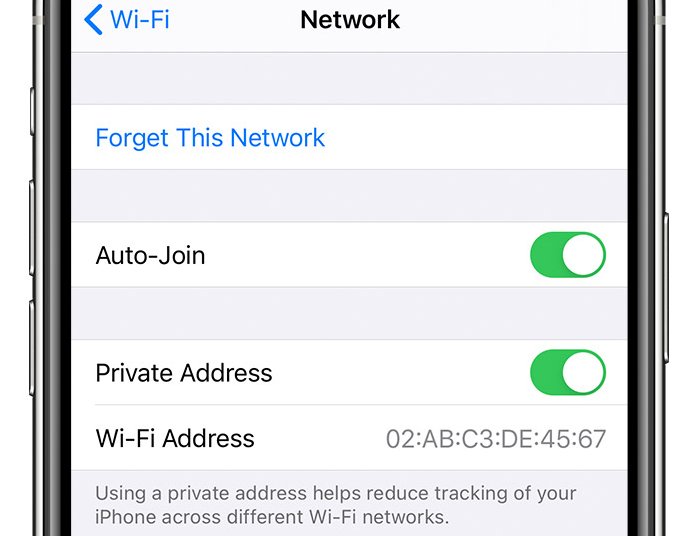 Configure Secure Wi-Fi – Apple Security iPhone Wi-Fi settings screen showing the Auto-Join and Private Address toggles for network security